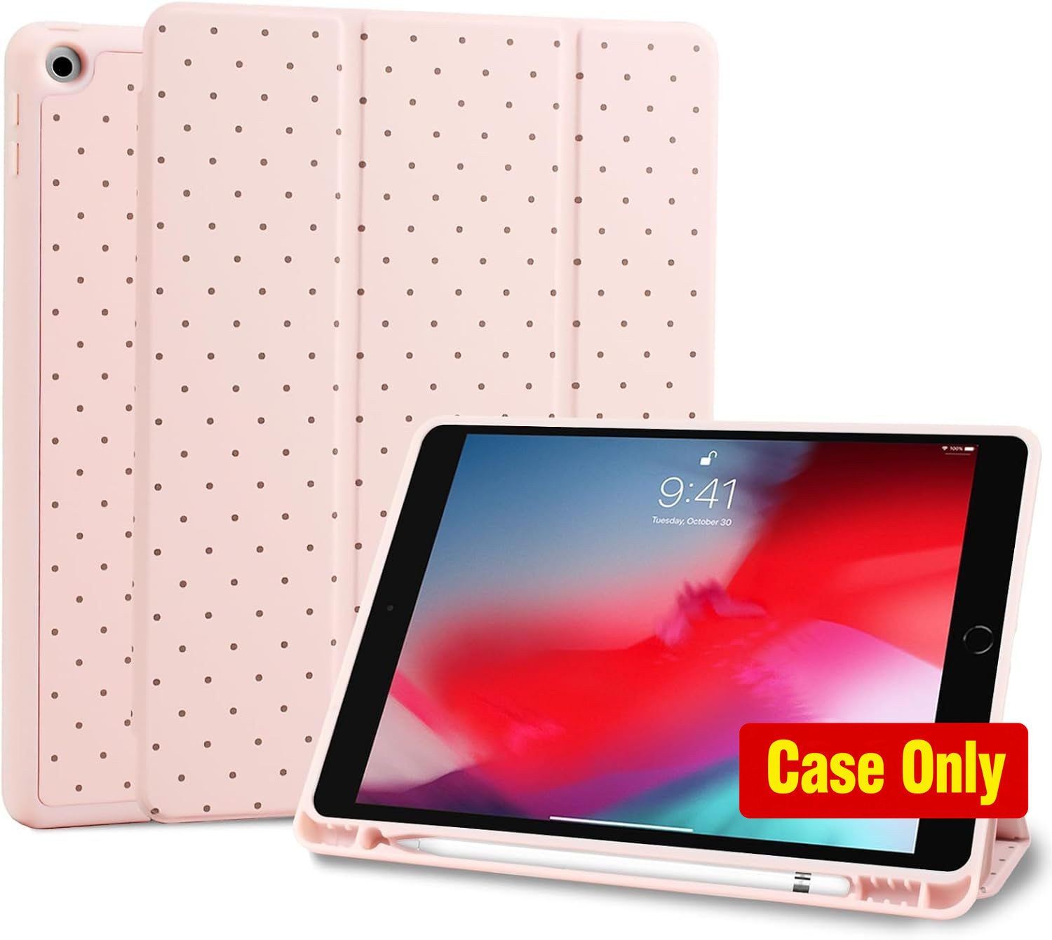 Case for iPad 10.2 Inch, Pencil Holder, Cute Polka Dot Stylish Design Cover-Pink