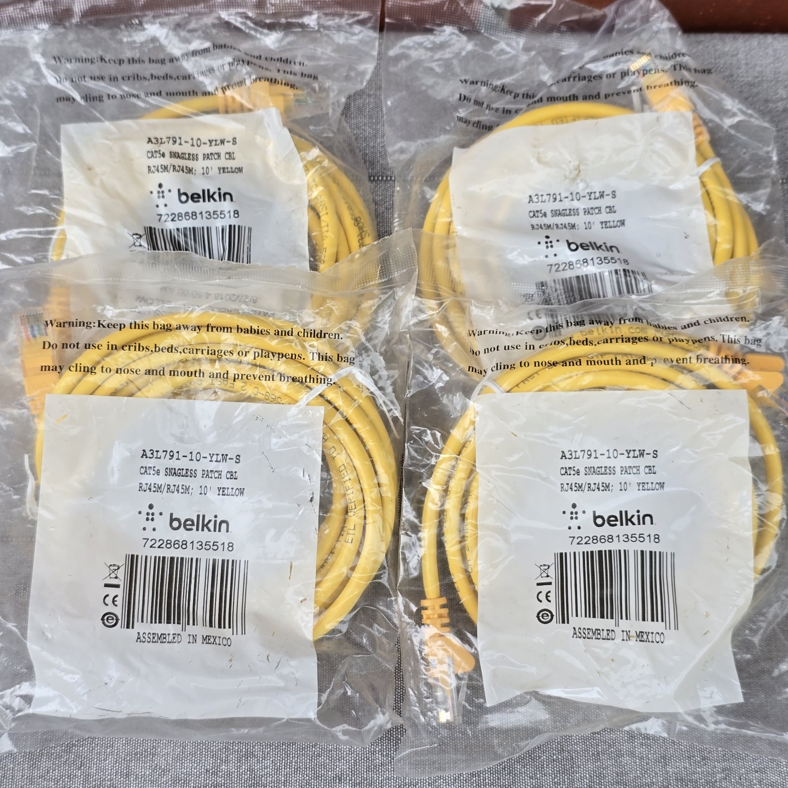 Belkin A3L791-10-YLWS Network Cable Pack of 4 Cat5e 10' Yellow 