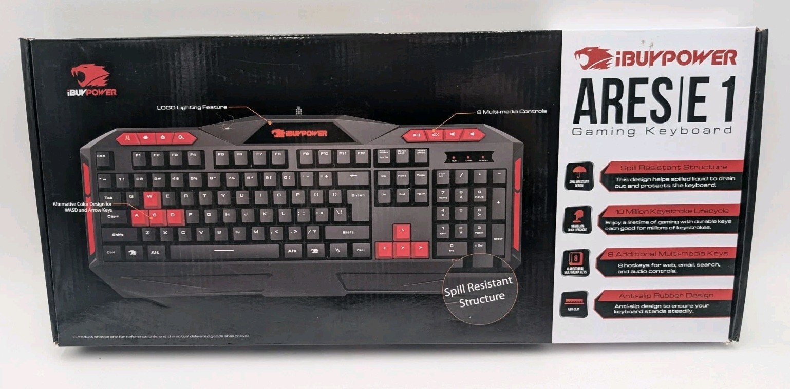iBuyPower ARES E1 Gaming Keyboard Spill Resistant Black and Red Multimedia Keys