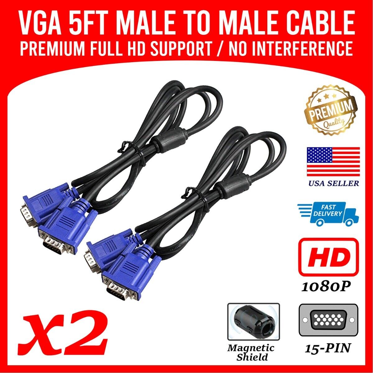 VGA Video Cable 5ft 1080p Full HD M/M Pc Tv Laptop Premium Quality 2-Pack