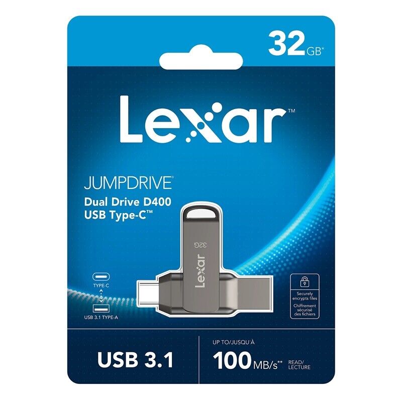 Lexar JumpDrive Dual Drive D400 USB 3.1 Type-C Flash Drive 32GB 64GB 128GB 256GB