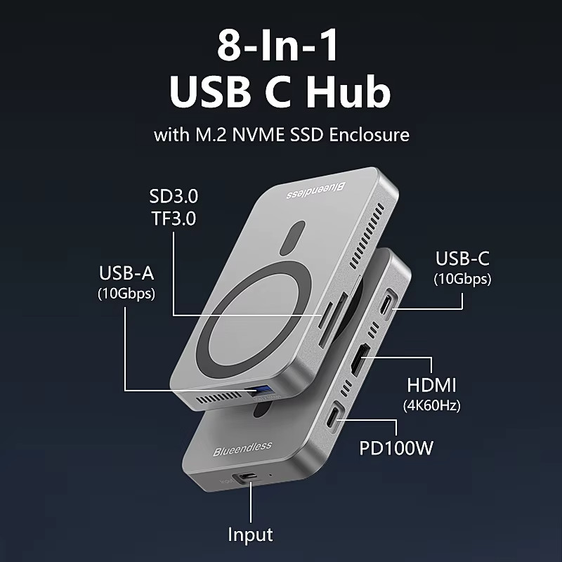 Blueendless 8 In HUB M.2 2230 2242 2280 Magnetic NVME SSD Docking Station 10Gbp