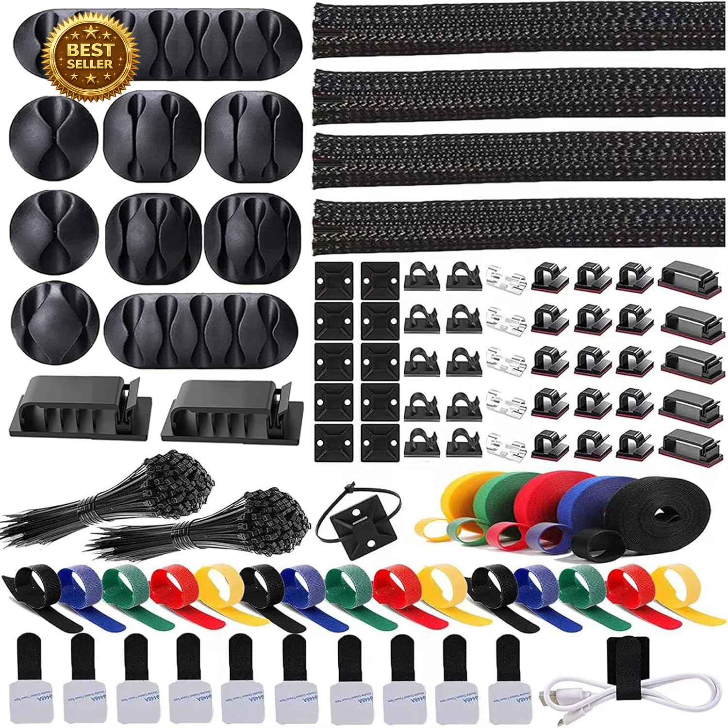300PCS Cable Management Kit,4 Cable Sleeve 35 Cable Clips