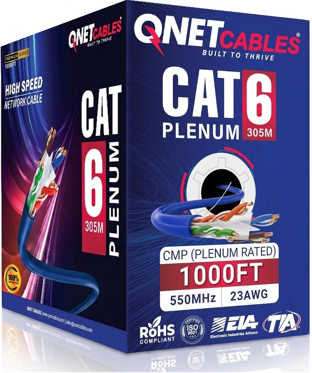 Cat6 Plenum 1000ft Ethernet LAN Cable CMP Rated, 23AWG, 4Pair UTP 550MHz 10Gbps