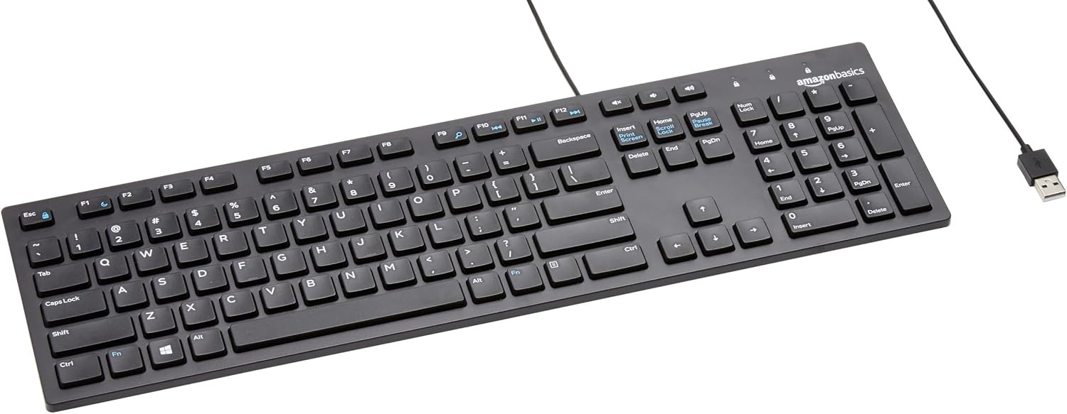 Amazon Basics Wired QWERTY Keyboard, Works w/ Windows, Plug and Play, Easy