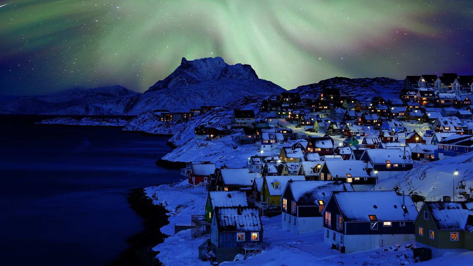 Landscape nature far view snow stars house lights water Custom Gaming Mat Desk