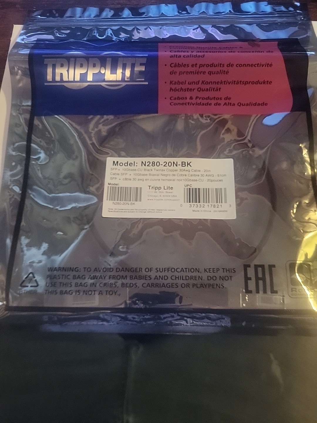 Tripp-Lite N280-20N-BK SFP + 10GBase-CU Black  Tinax Copper  30Awg Cable 20in