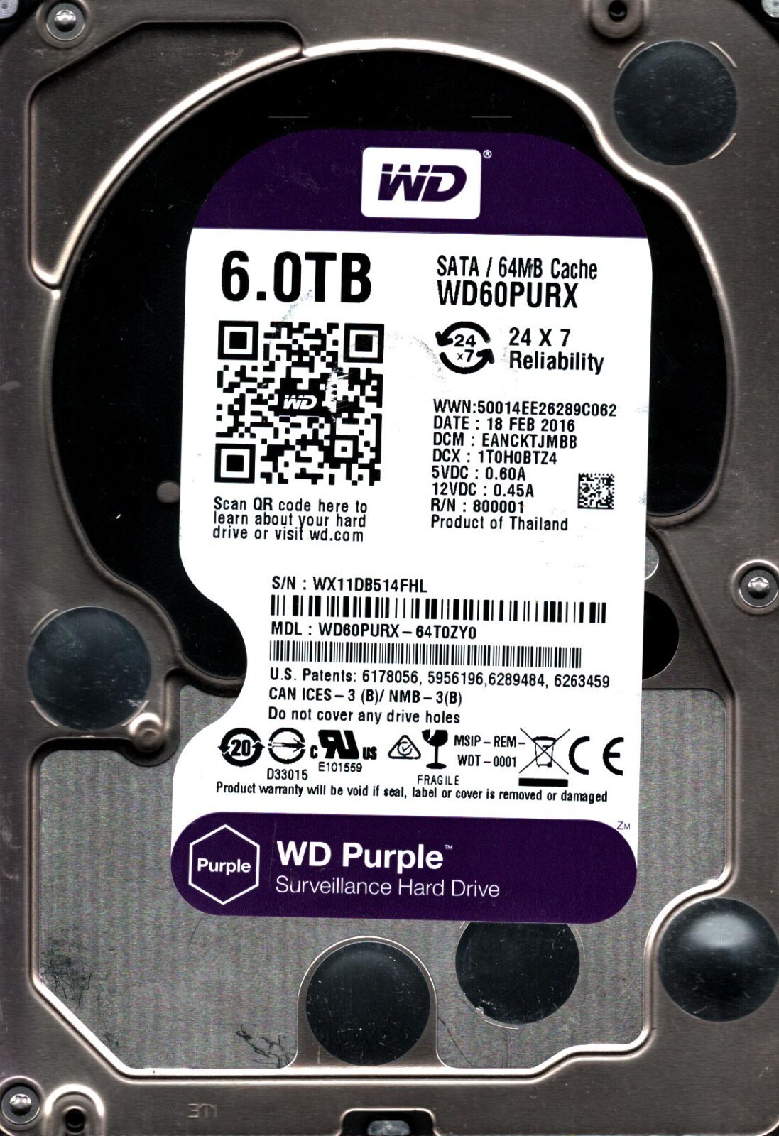 WD60PURX-64T0ZY0 S/N: WX11 DCM: EANCKTJMBB WESTERN DIGITAL 6TB THAILAND FEB 2016