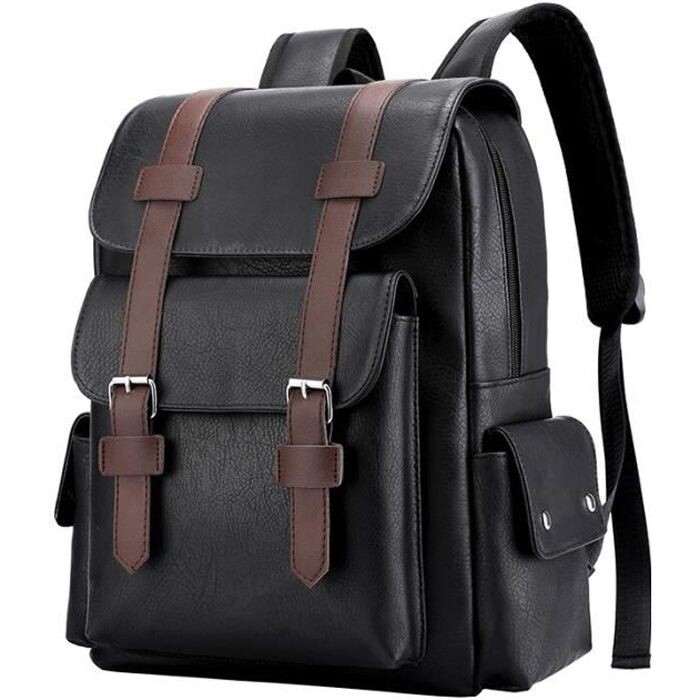Mens Stylish PU Leather Laptop Backpack 14"" Travel Black