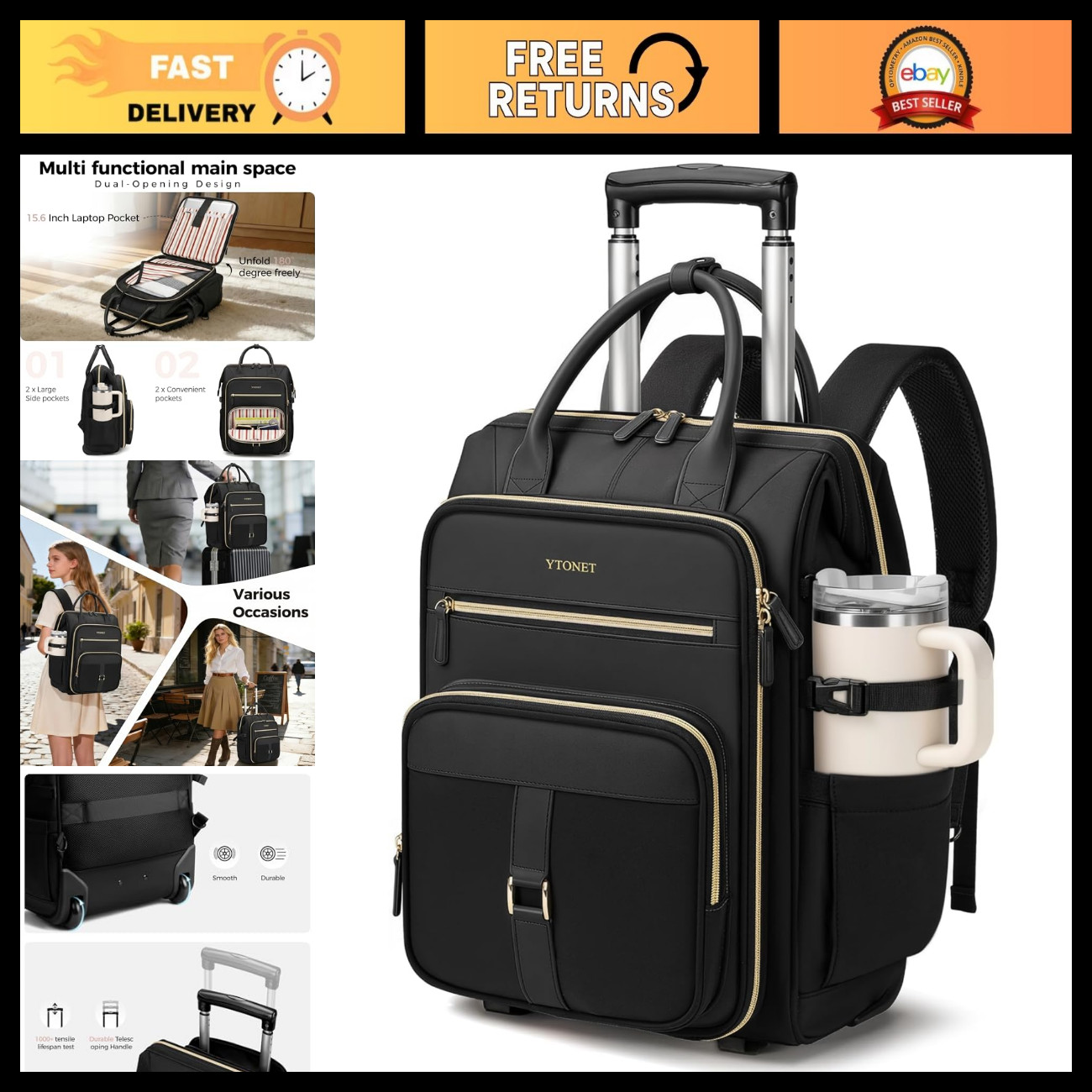 Rolling Backpack for Women, 15.6" Laptop Bag with Wheels, Travel Tote, Durable D