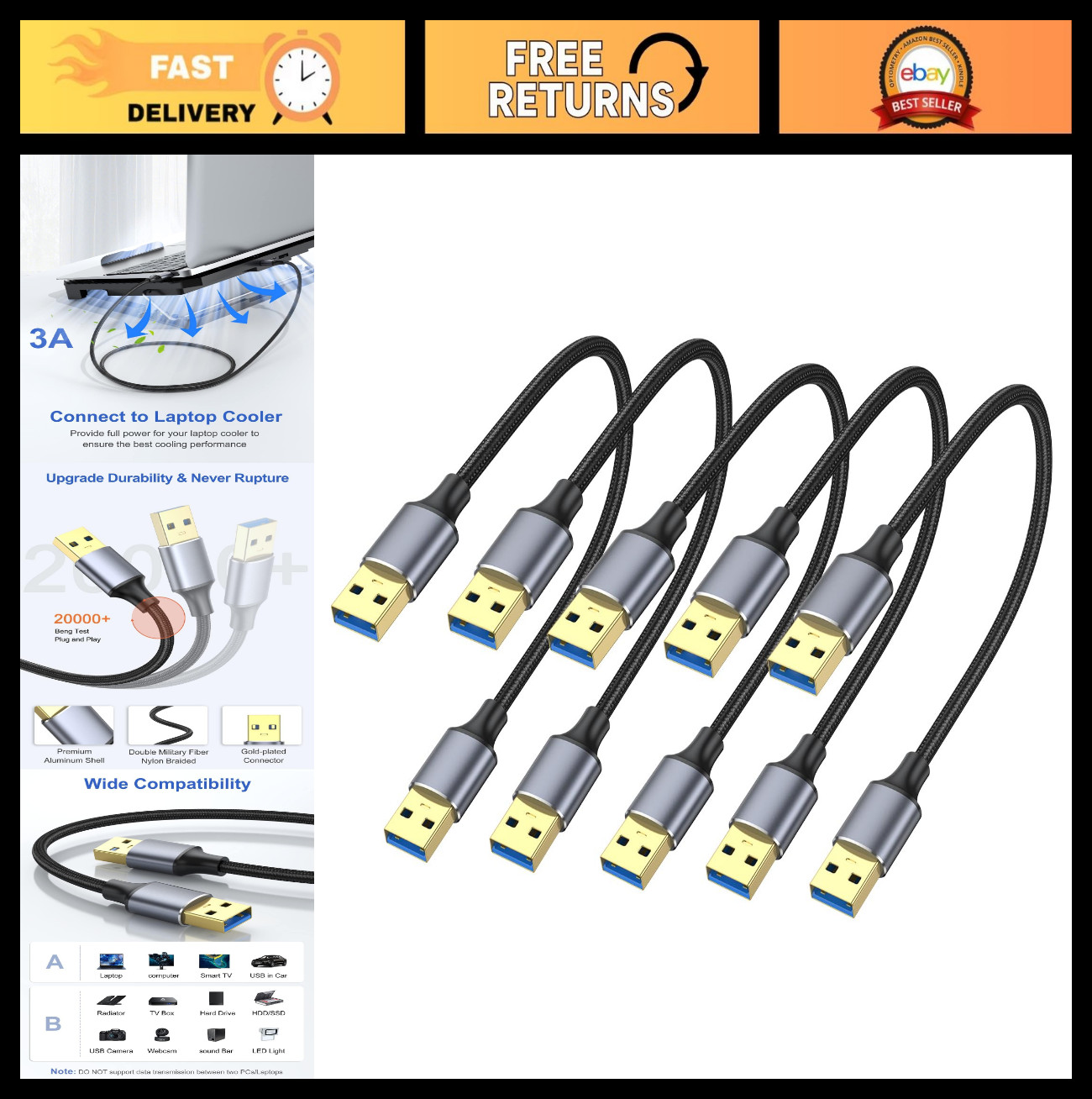 Short USB 3.0 A Male to Male Cable 1FT 5-Pack - Compatible with Hard Drives, Lap