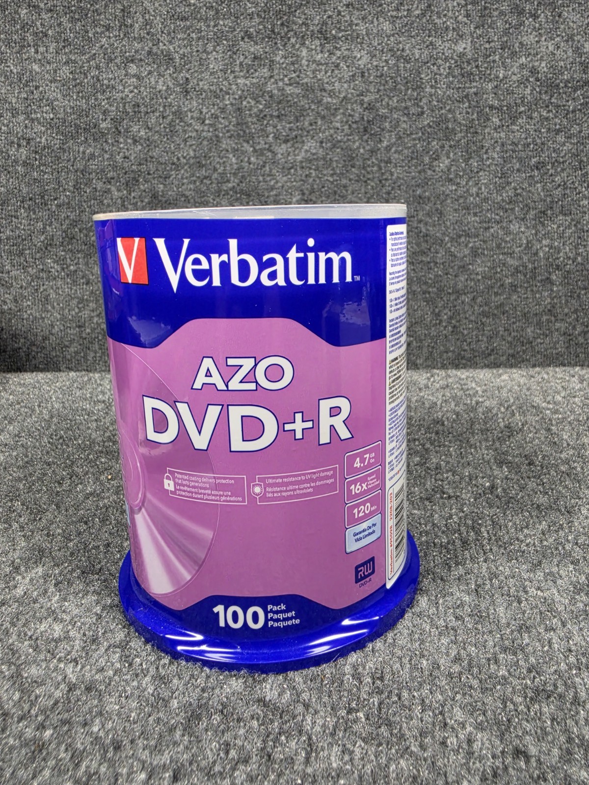 Verbatim AZO DVD+R 4.7GB 16x 120min Blank Media Discs 100 Pack Spindle 95098