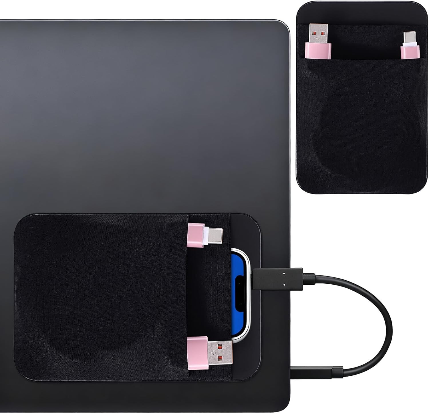 Portable Hard Drive Sleeve 2-Pocket Stick on Pouch with Reusable Adhesive SSD Ha