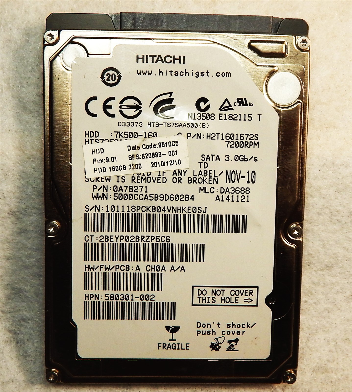160GB 2.5" SATA 7200RPM Hitachi 7K500-160 SN:101118PCKB04VNHKE0SJ