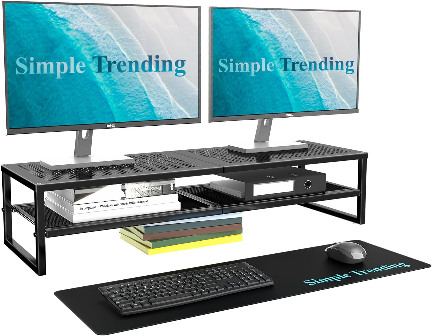 2-Tier Metal Dual Monitor Stand Riser 32x10 Desk Organizer with Mouse Pad
