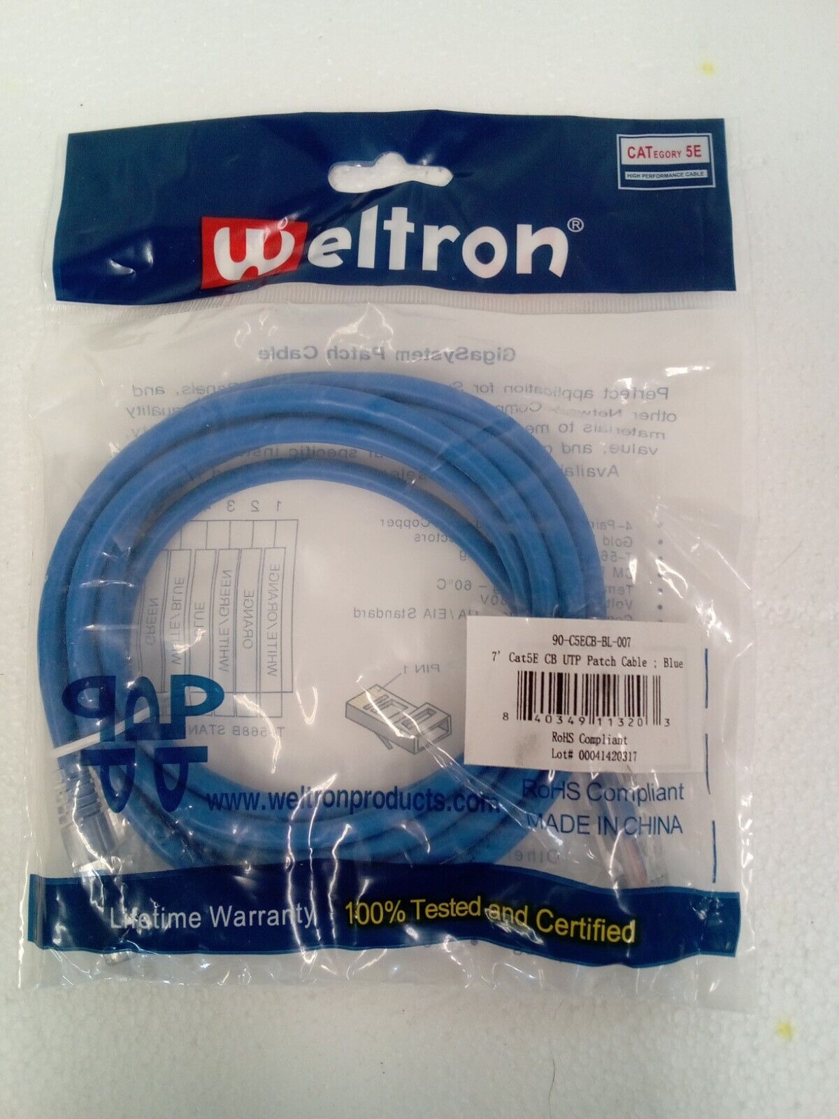 Weltron 90 Cat5e Cb Utp Patch Cable 7ft