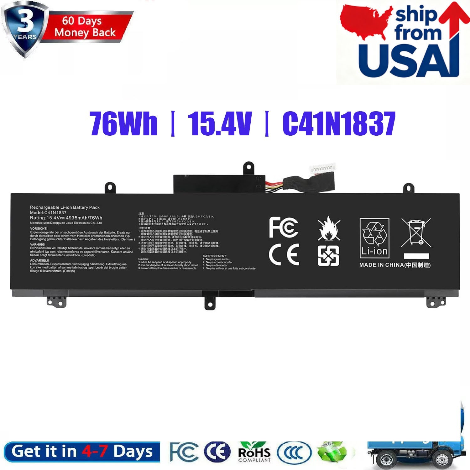 ✅C41N1837 Battery For ASUS ROG Zephyrus G15 GA502 M15 GU502G S15 GX502 76Wh