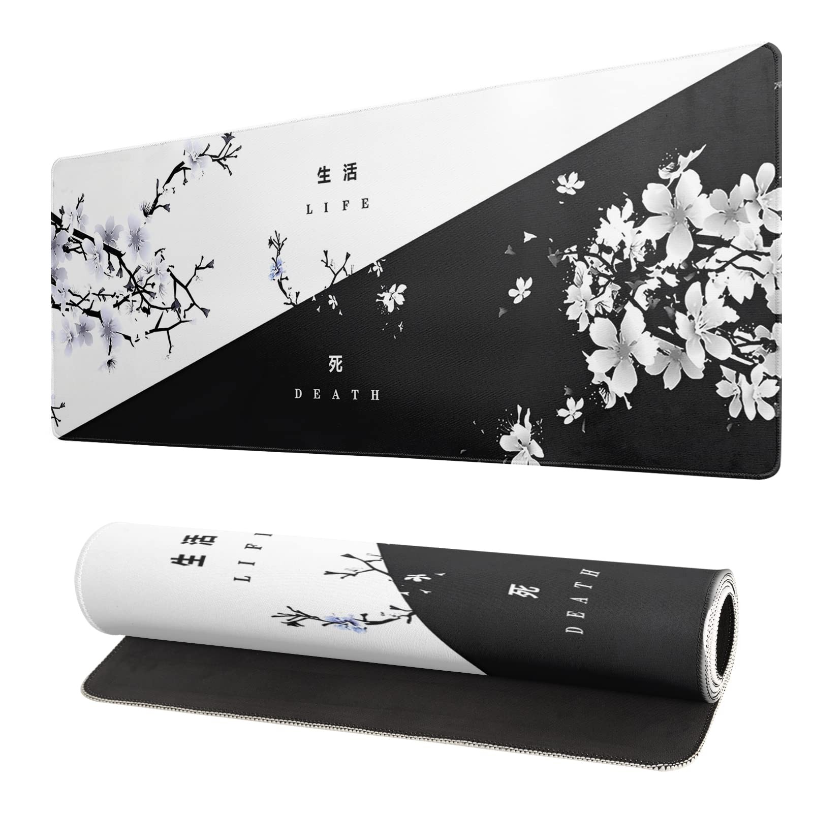 Black and White Japanese Cherry Blossom Gaming Mouse Pad Sakura Death Life Fl...