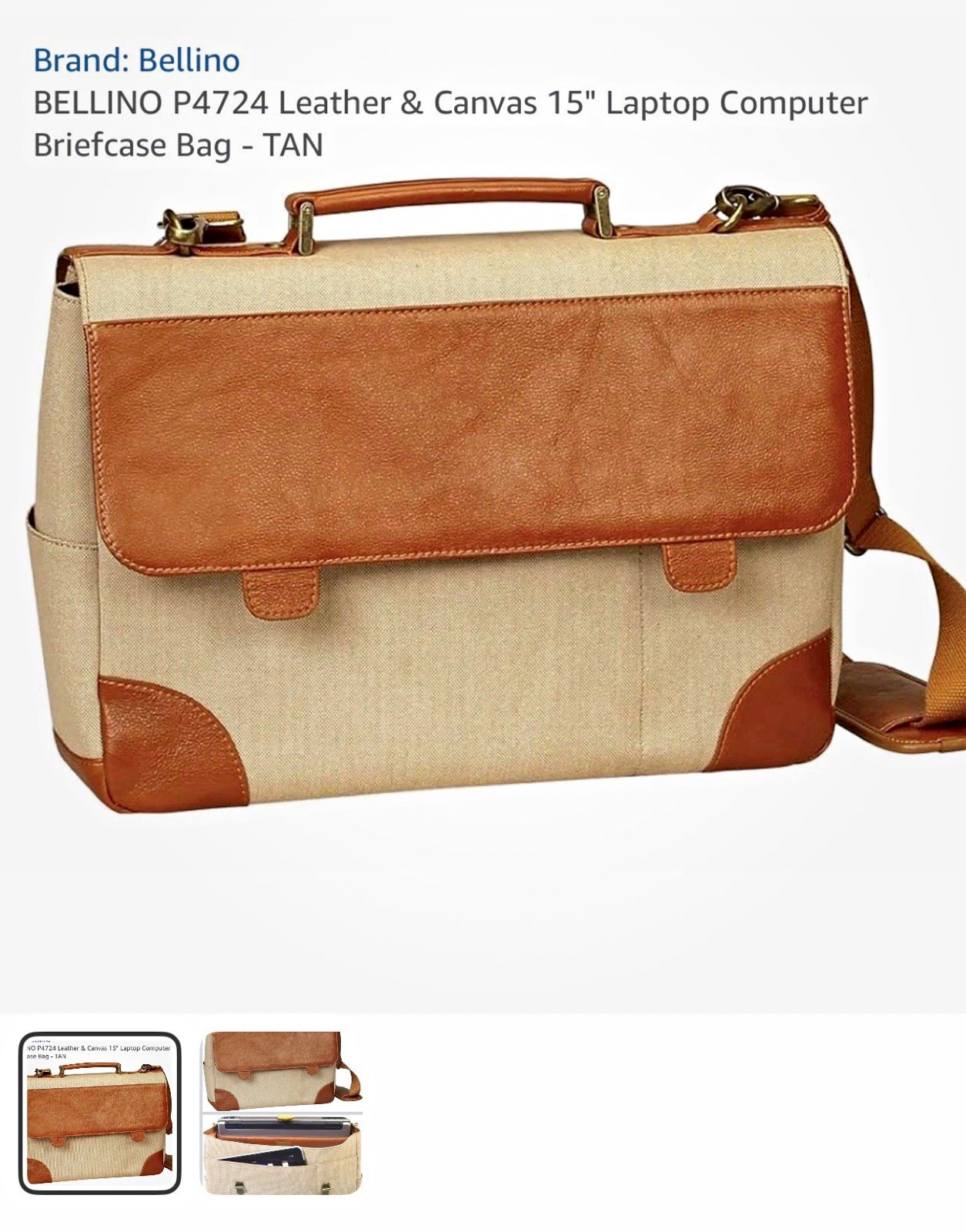 Bellino P4724 Russo Leather & Canvas 15” Laptop Briefcase Tan NEW IN BOX