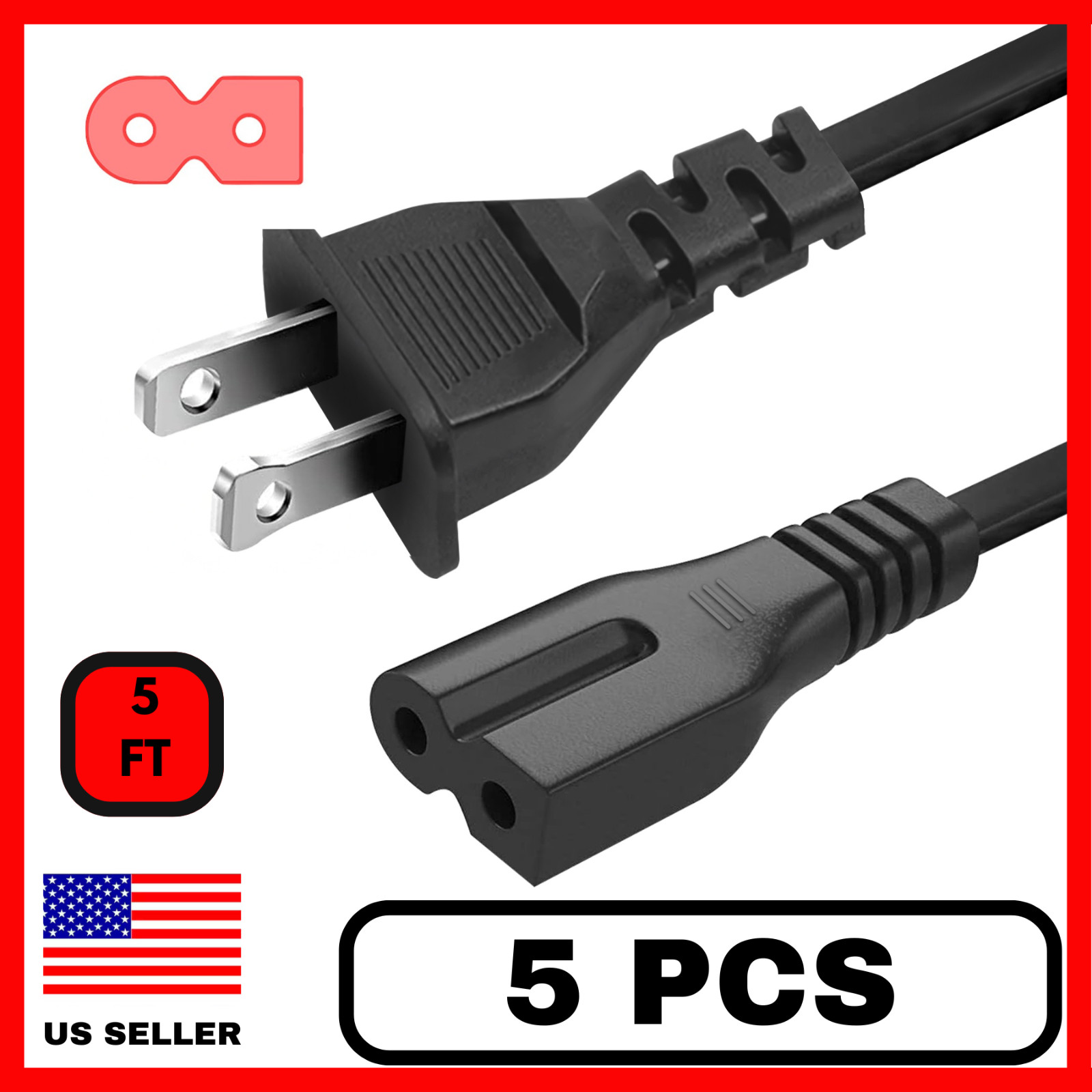 5 Pack 5FT (1.5m) 2 Prong 2 Slot Polarized Power Cord Cable Replacement Black
