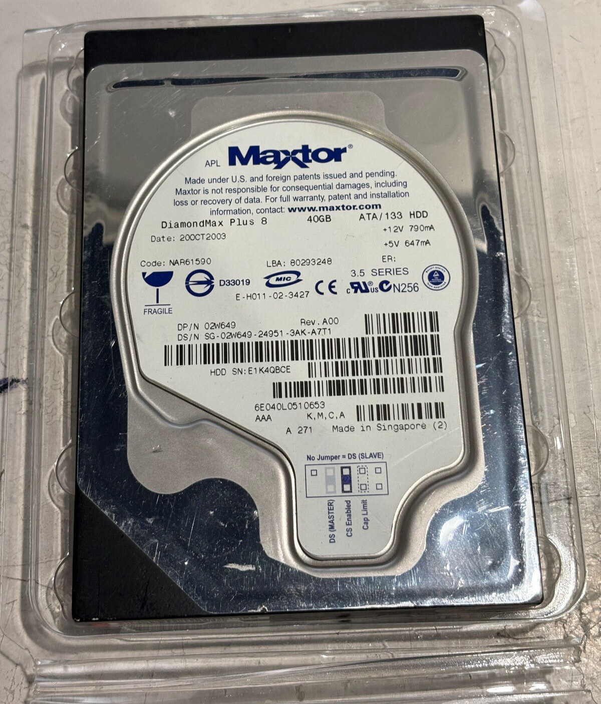 Maxtor DiamondMax Plus 8 E-H011-02-3427 ATA/133 3.5 Series 40GB