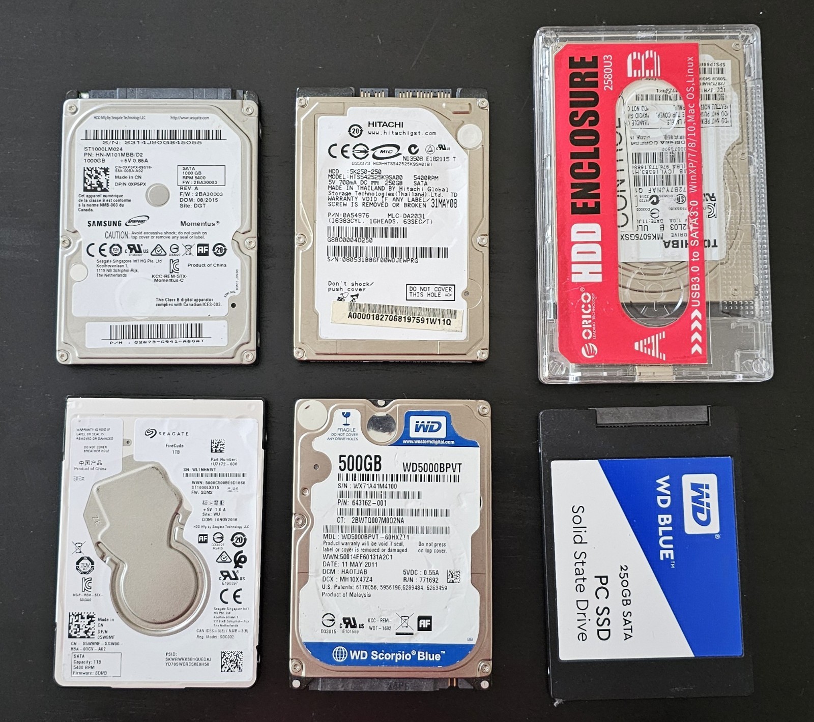Lot Of 6 Pcs EXTERNAL HARD DRIVES, SEAGATE, WD, SAMSUNG, HITACHI 