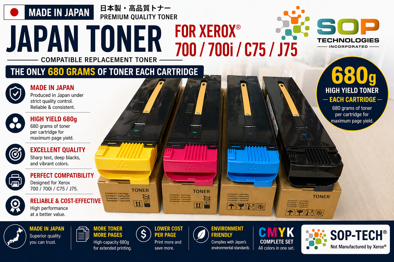 4 Pk Japan Replacement Toner for Xerox 700 700i J75 C75 770 CMYK  SOLD 680 grams