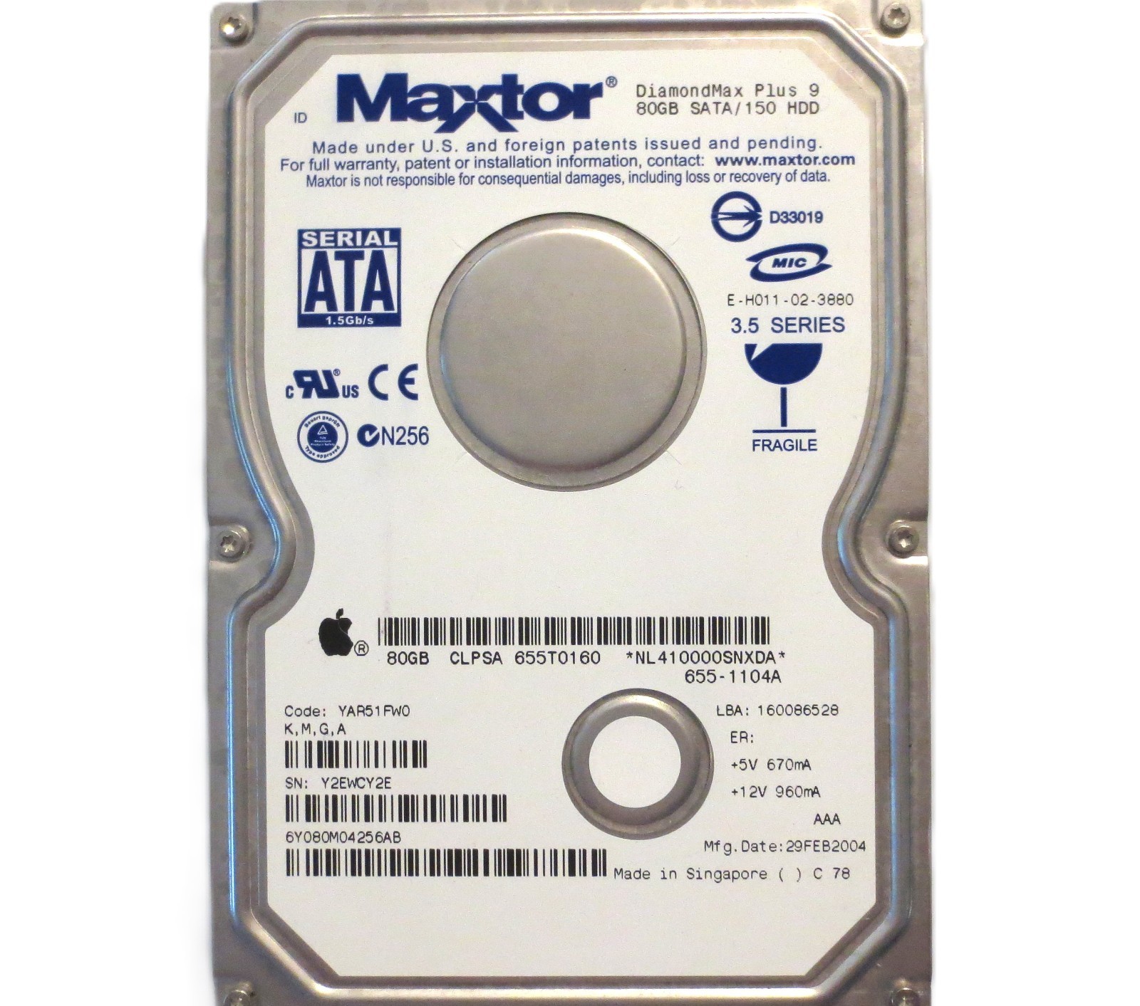 Maxtor 6Y080M0 Code:YAR51FW0 (KMGA) Apple#655-1104A 80gb 3.5" Sata HDD 02/2004