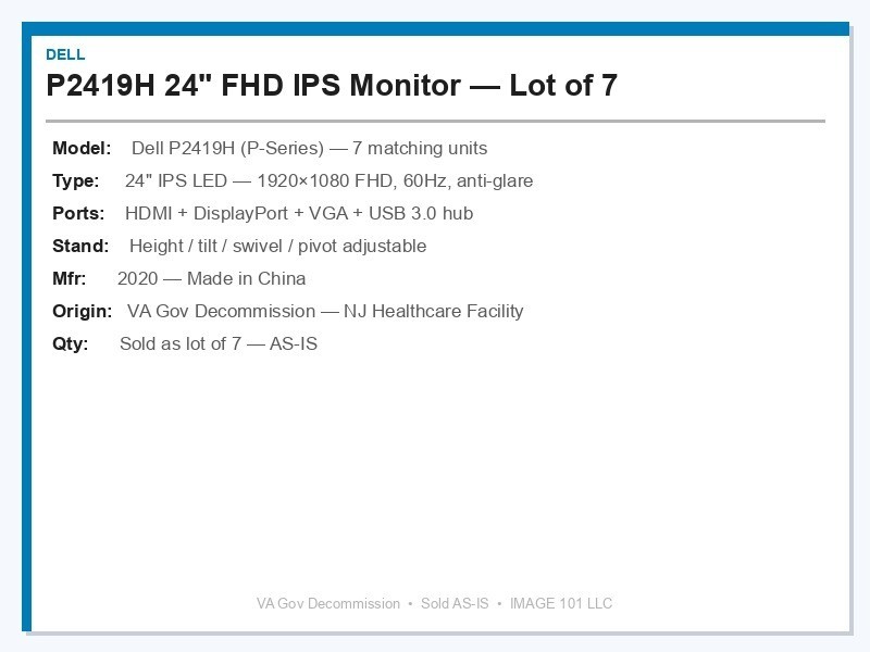 Dell P2219H 22in FHD IPS LED Monitor 1920x1080 HDMI VGA DP VA Gov Surplus