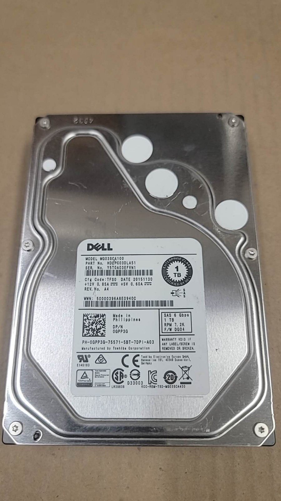 Dell GPP3G 0GPP3G 1TB 7.2K SAS 3.5 6G EP MG03SCA100 SERVER HARD DRIVE -Not SATA