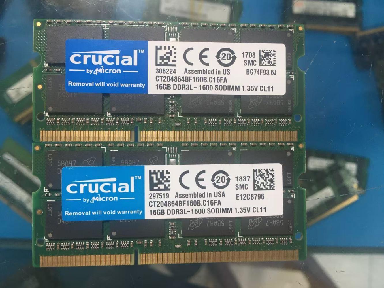 Crucial 16GB 2RX8 PC3L-12800S DDR3-1600Mhz 1.35V Laptop SO-DIMM RAM Memory*