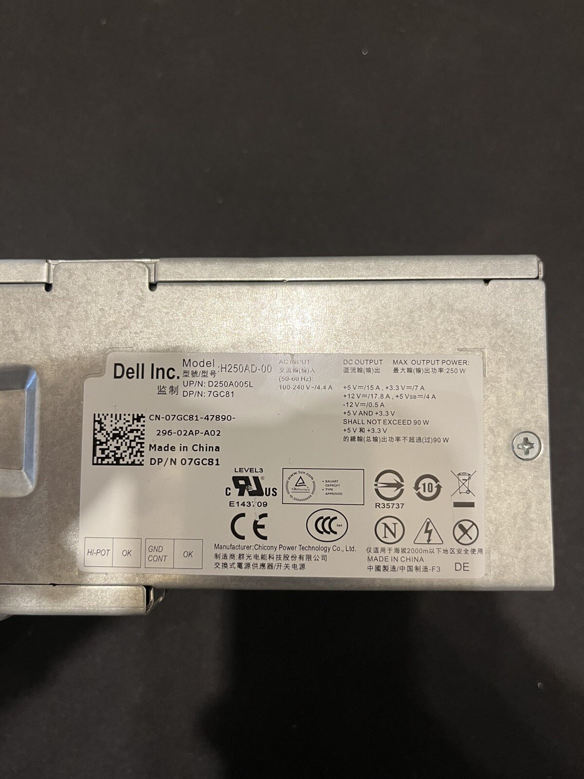 DELL INC Power Supply Dell 07GC81 7GC81 H250AD-00 250WATT PSU