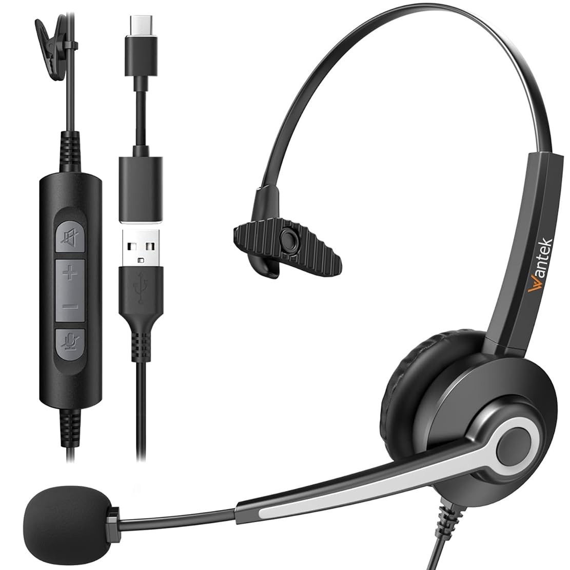 Wantek Monaural Corded USB Headsets with Noise UC681, Dark Black