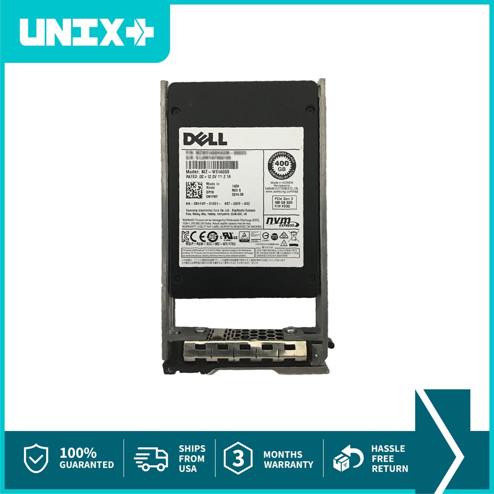DELL NYF0Y 400GB NVME SSD 2.5in Enterprise NVMe Drive with R-Series Caddy