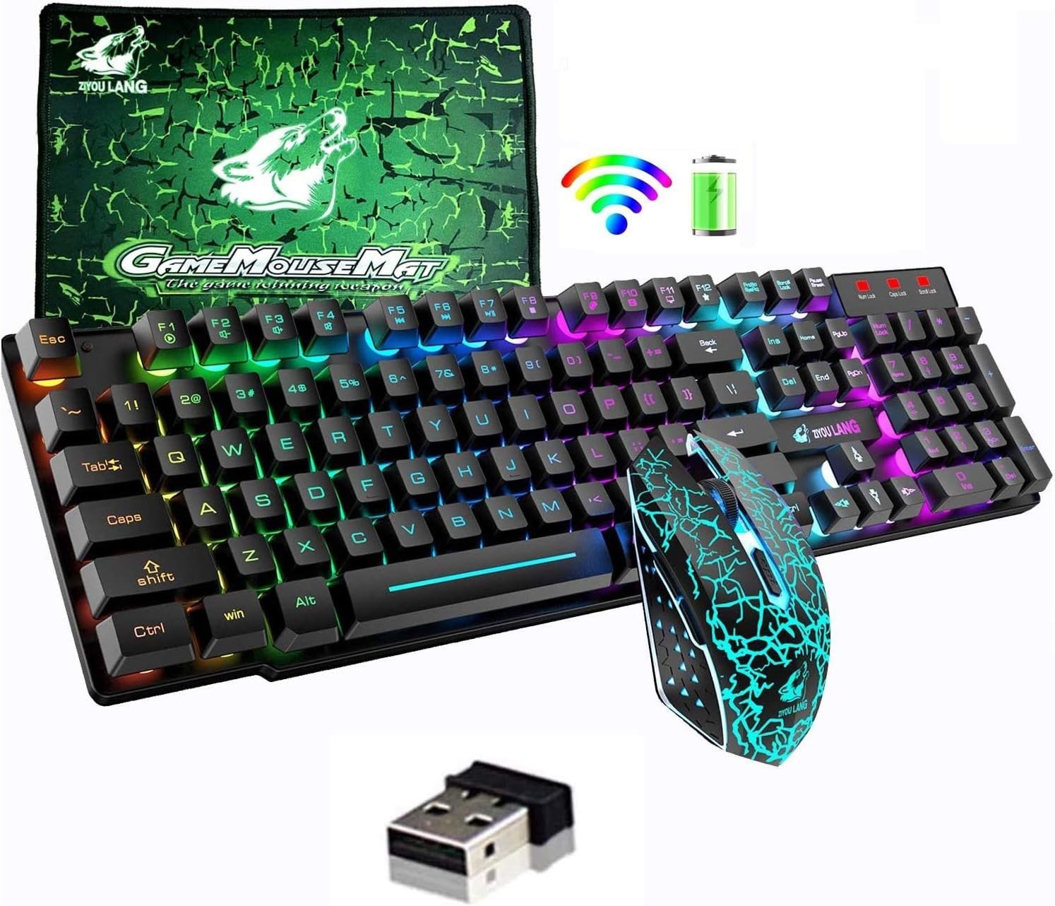 ZIYOULANG T3 UK Upgrade Wireless Gaming Keyboard Mouse Combo, Rainbow Backlit