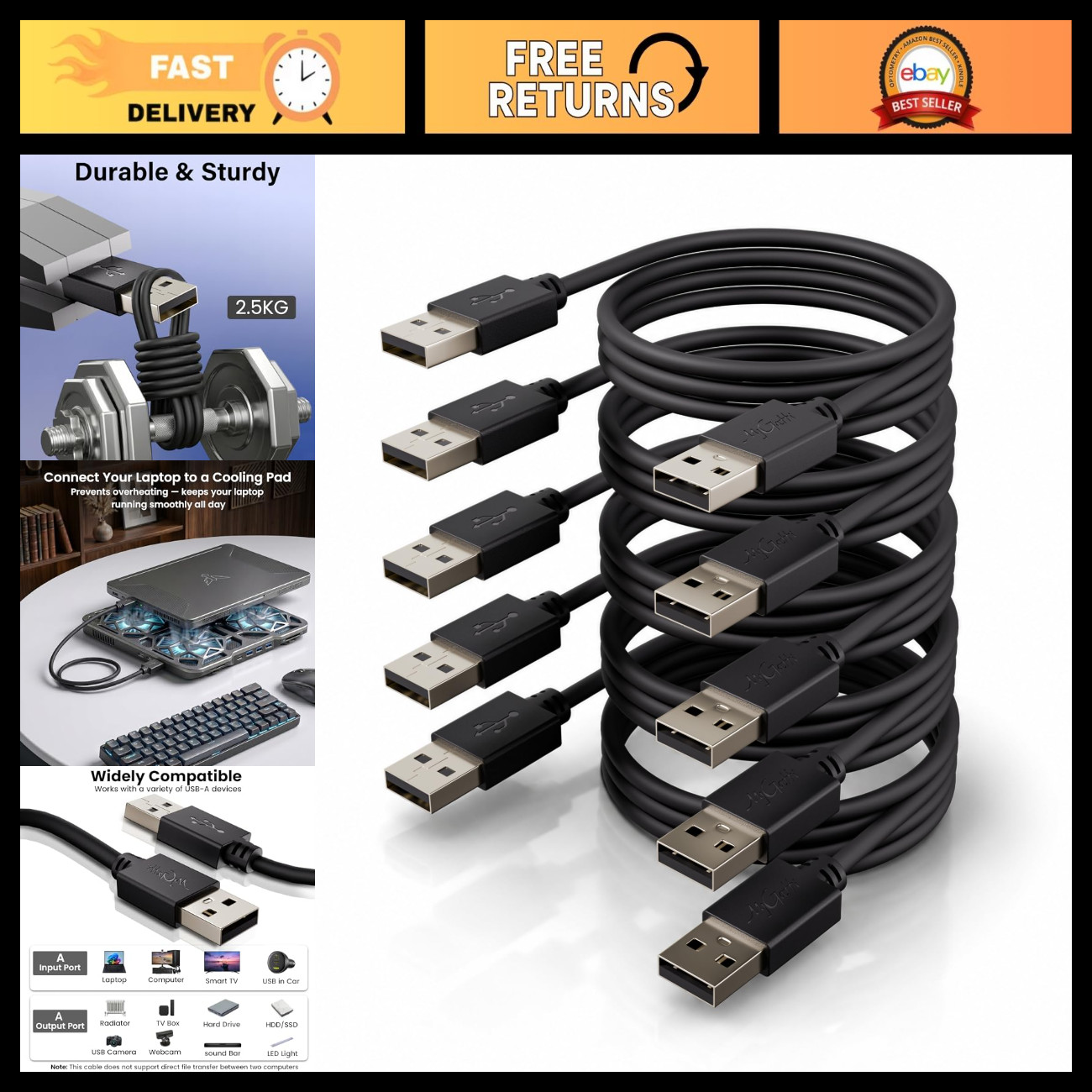 5-Pack 3FT USB to USB Cable, Type A Male to Male, USB 2.0 Data Transfer, PC/TV