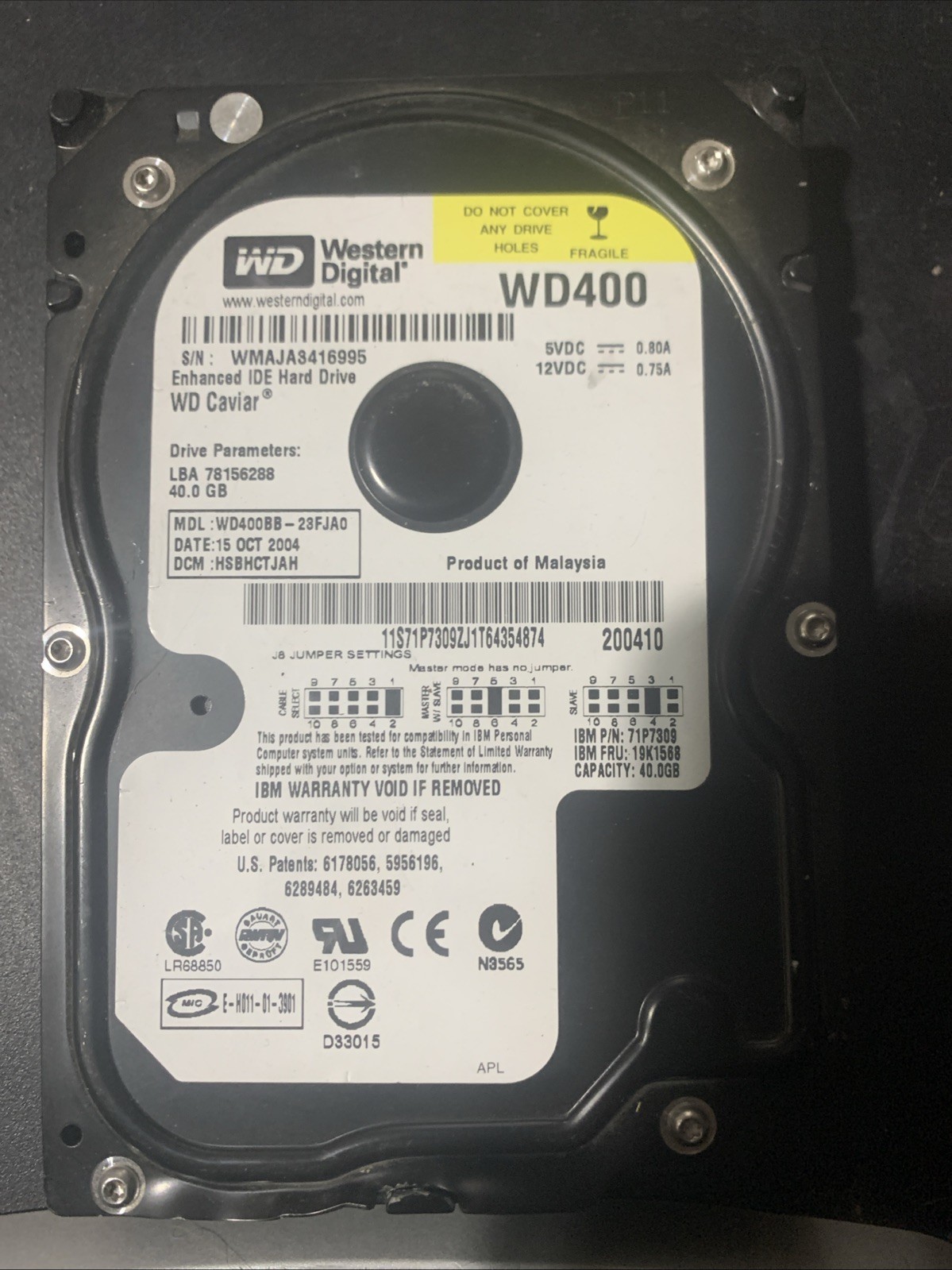 IBM WD 40GB IDE HDD WD400BB-23FJA0 FRU 19K1568 Vintage TESTED