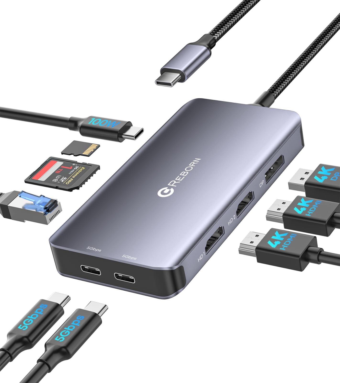 Reborn Docking Station Dual Monitor Adapter, Laptop Docking Station 3 Monitor...