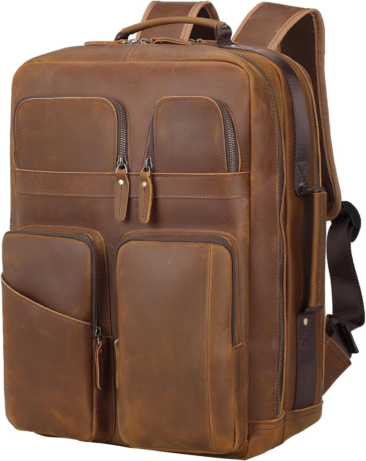 TIDING 17.3 Inch Full Grain Leather Laptop Backpack for Men Multi Brown 