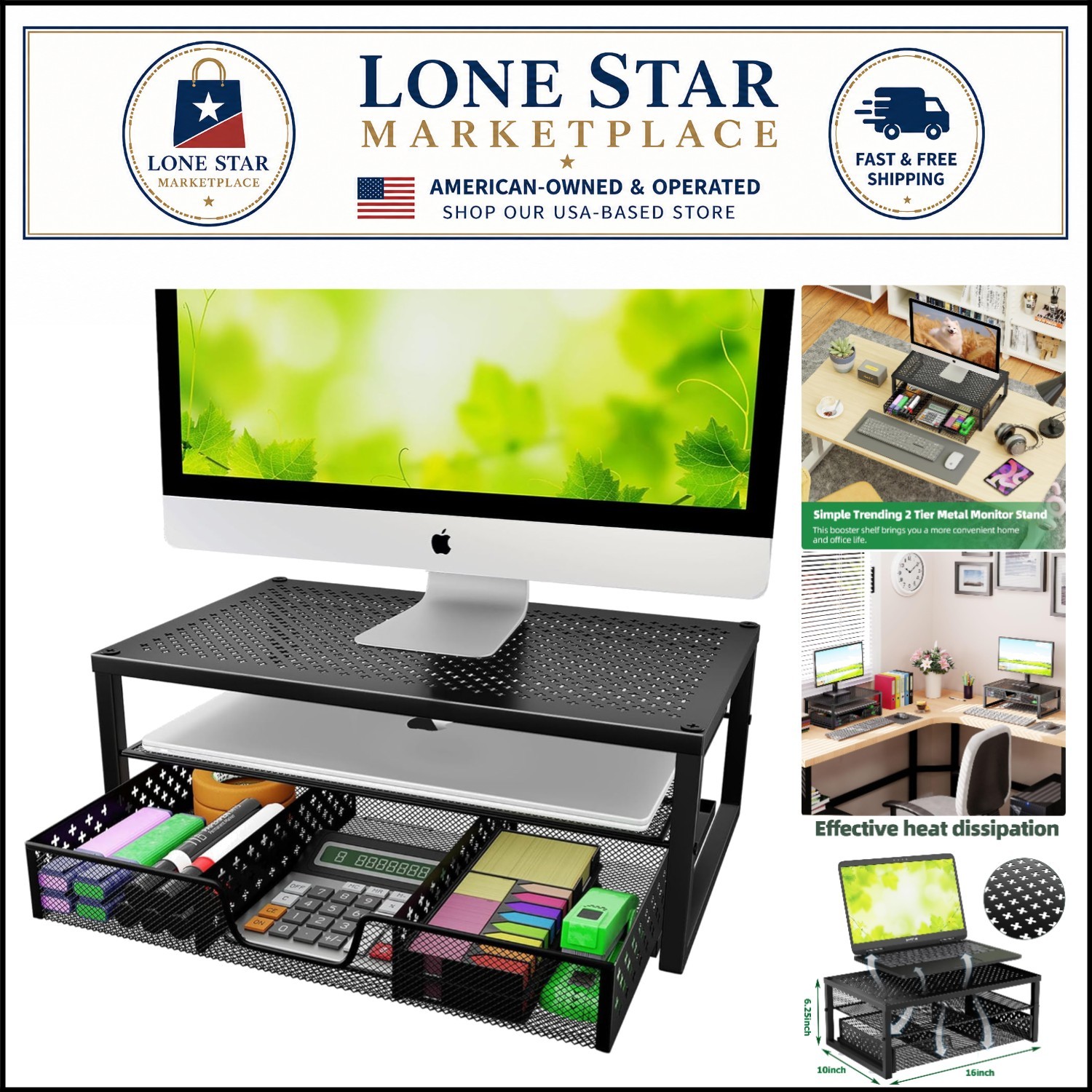 Sleek Space-Saving Monitor Riser & Desk Organizer with Drawer - 33 lbs Capacity