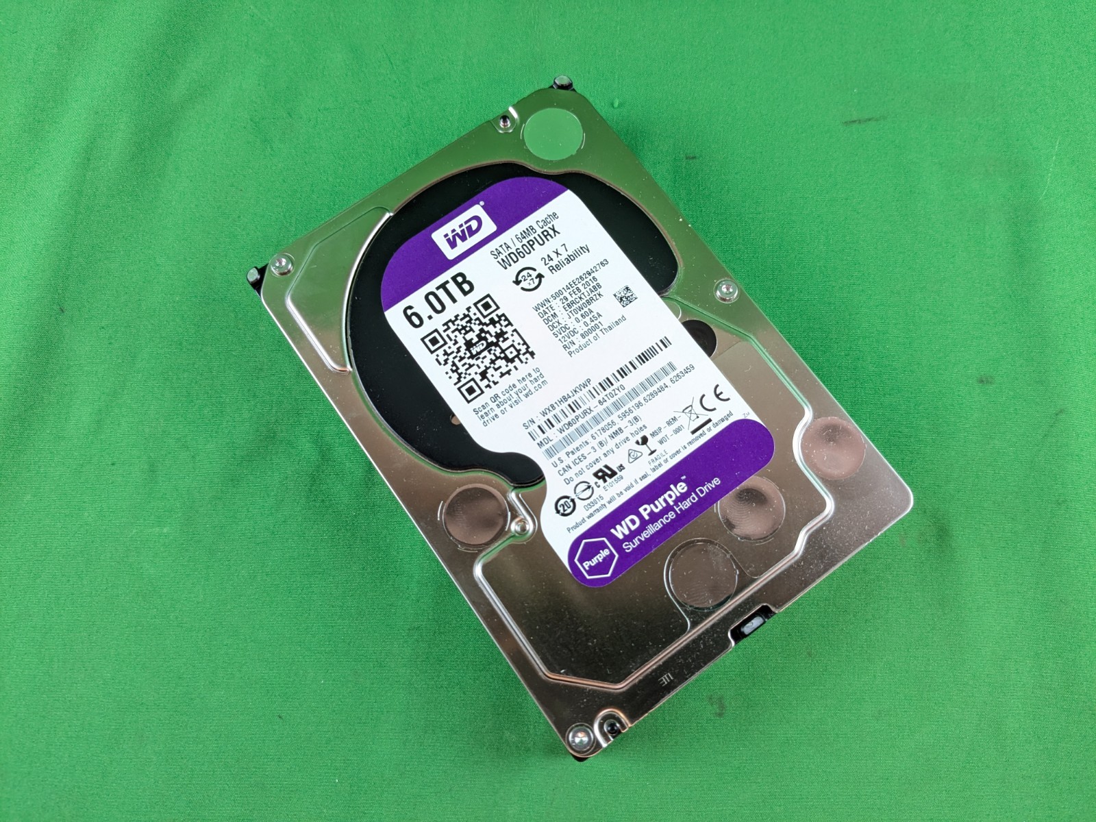 WD Purple 6TB Surveillance Hard Drive WD60PURX 100% Health Low Hours Wiped