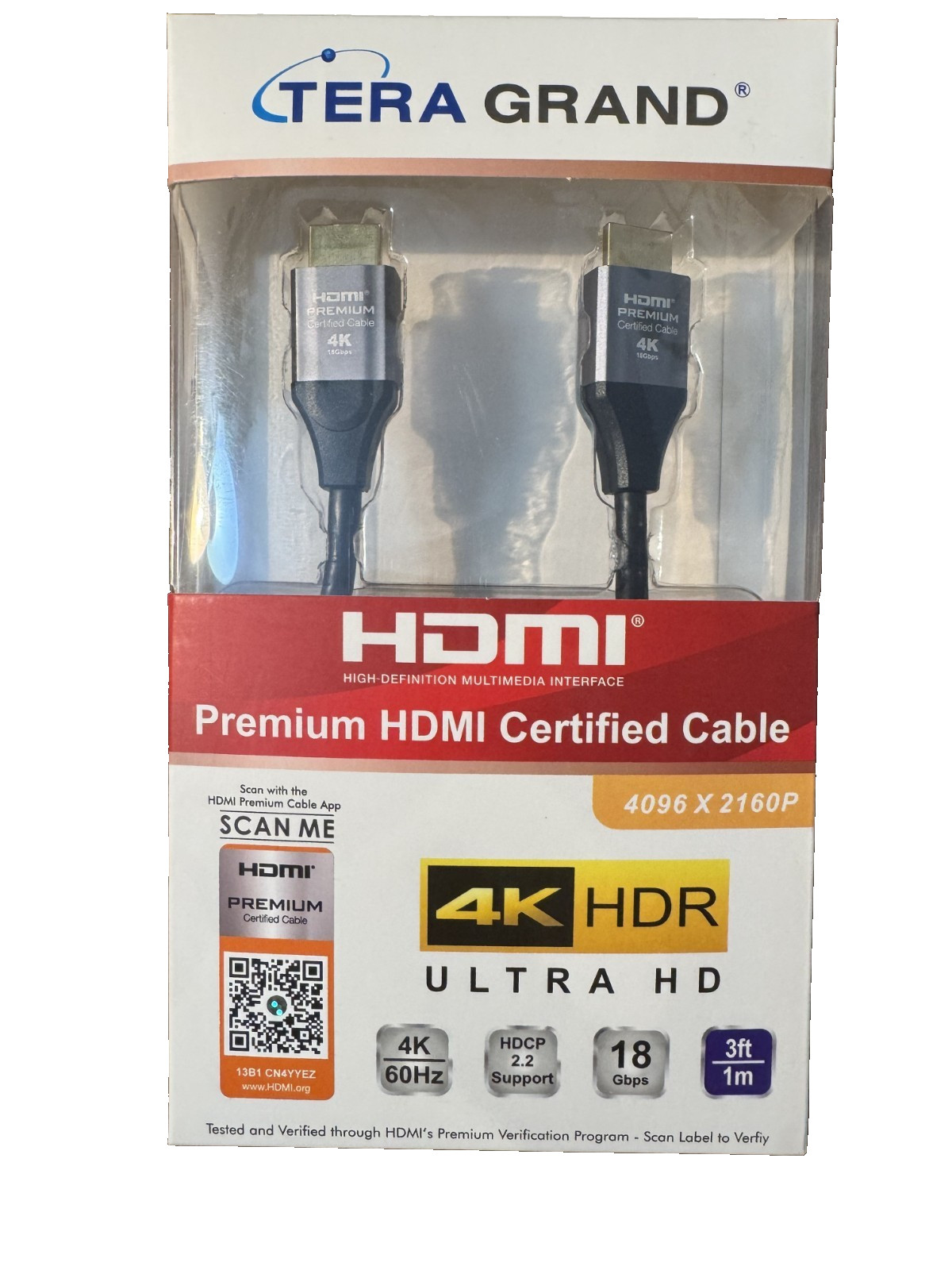 Tera Grand HDMI 4096x2160P Premium HDMI Certified Cable 4K HDR Ultra HD - 3 ft