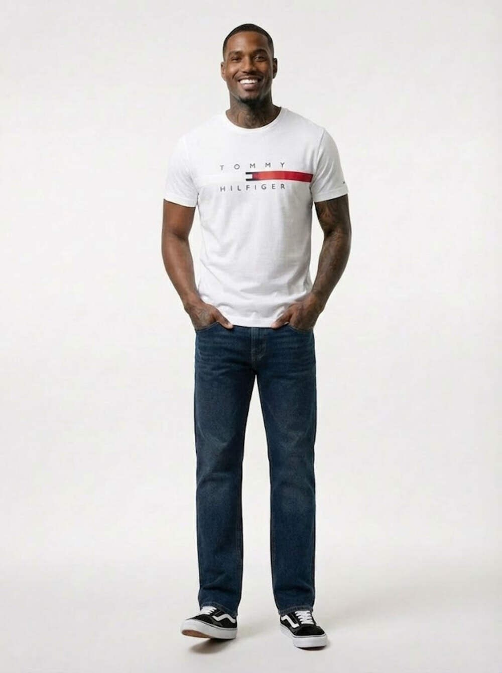 Tommy Hilfiger Mens Flag Stripe T-Shirt Bright White 78J4997 110