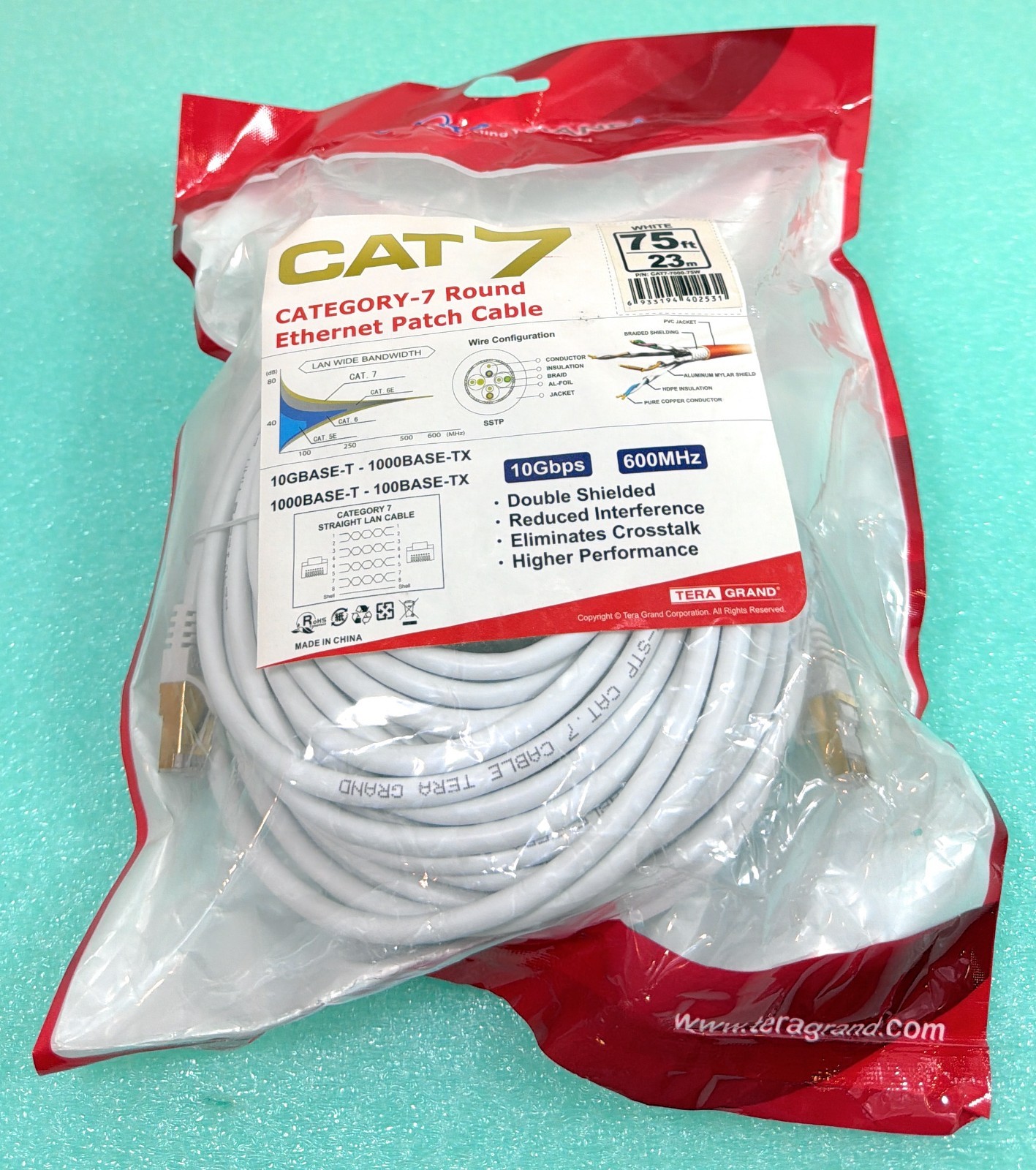 Premium CAT7 Double Shielded 10 Gigabit 600MHz Ethernet Patch Cable 75ft