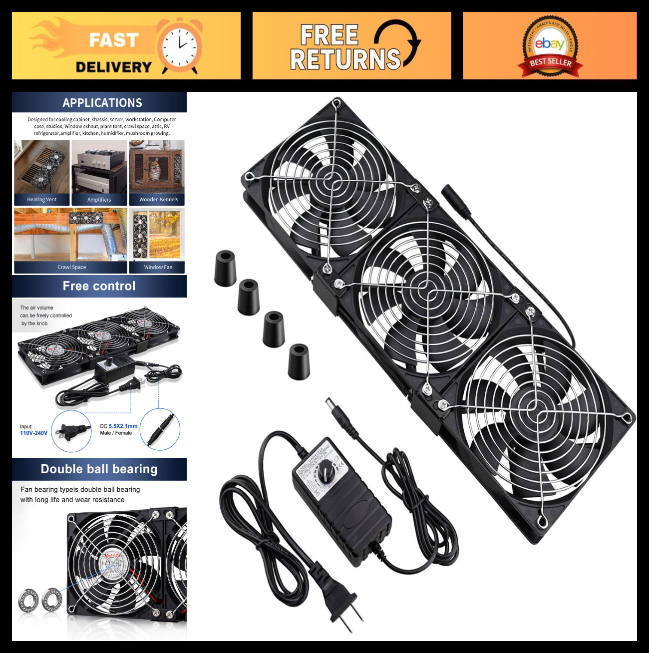 Dual Ball 3x120mm Computer Fan - High Airflow, AC/DC Speed Controller for DIY Co