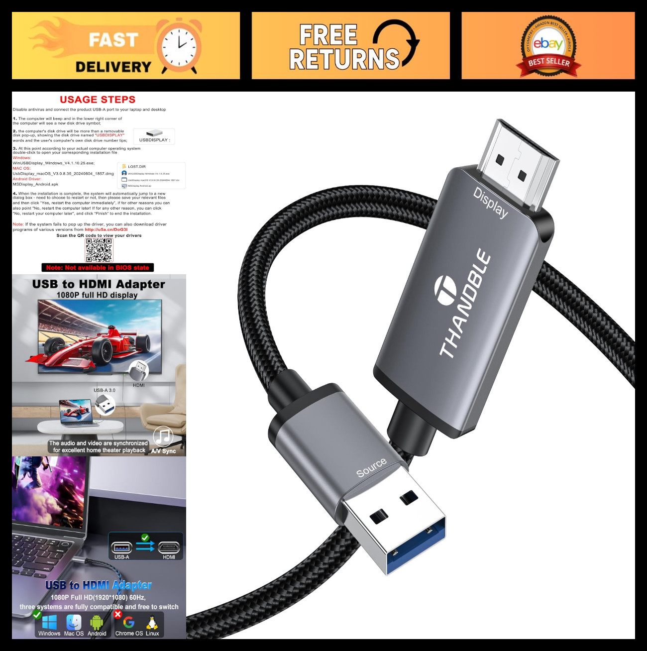 USB to HDMI Adapter Cable 6FT, 1080P 60Hz for Monitor, TV, Projector - Driver Re