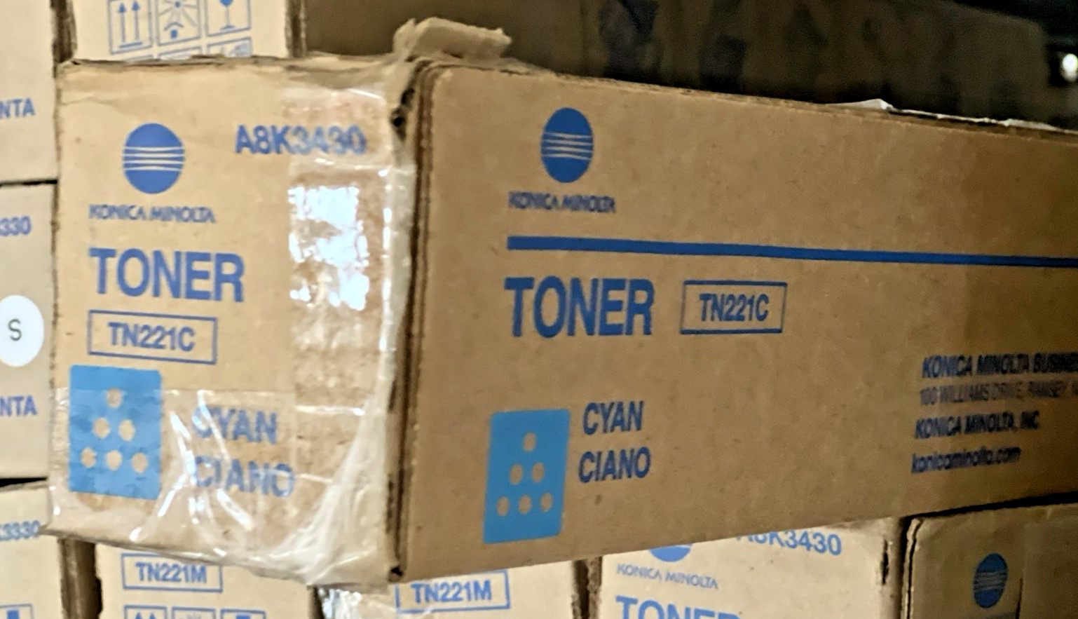 Genuine Konica Minolta TN221C (A8K3430) Cyan Toner Cartridge, OEM-Open/Worn Box