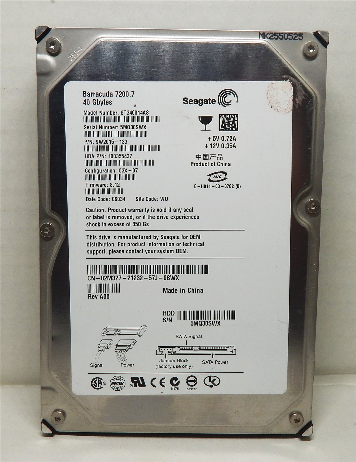 40GB 3.5" SATA 7200RPM HDD ~ Seagate Barracuda ST340014AS ~ SN:5MQ30SWX