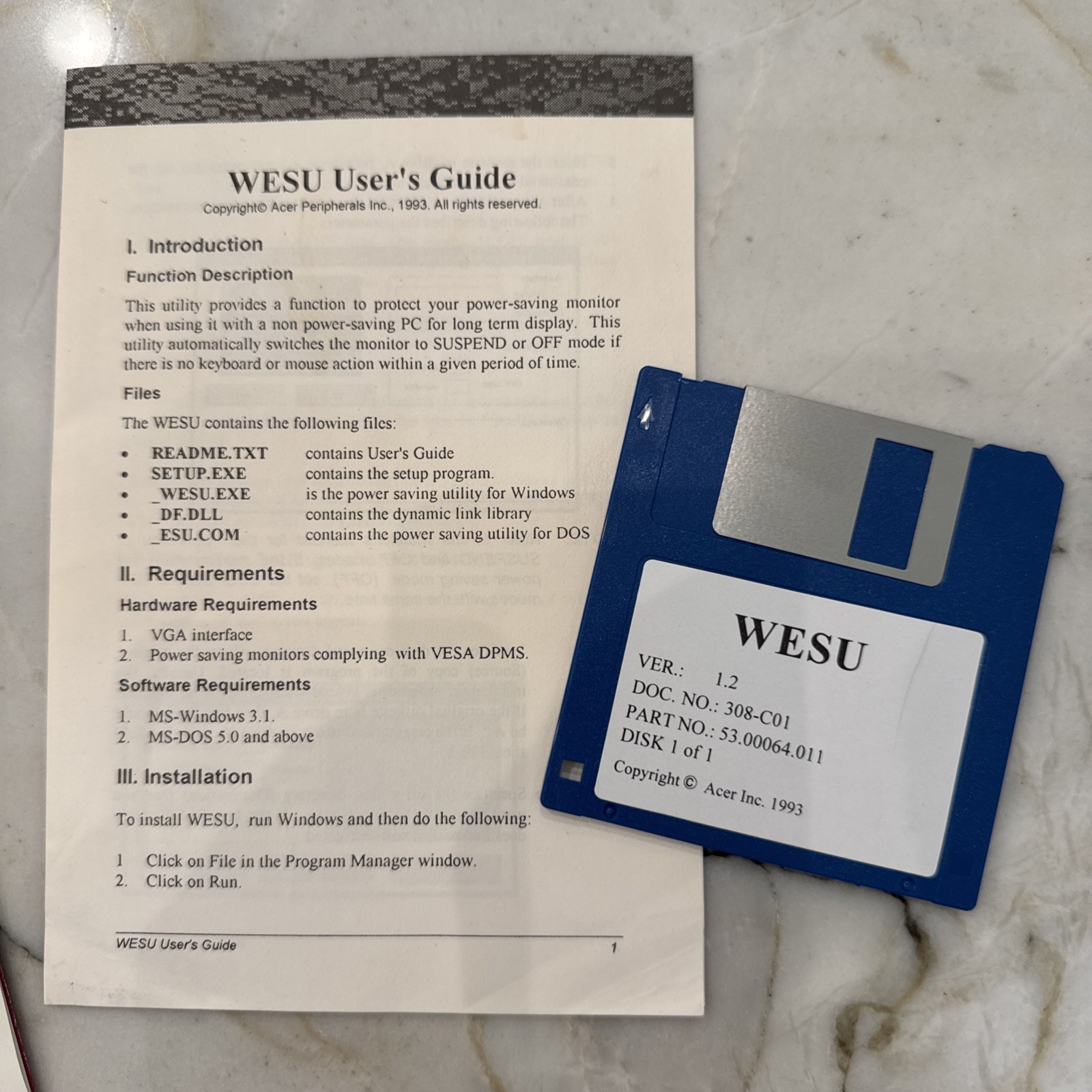 Acer Peripherals Inc. 1993 WESU User Guide AND 3.5” Disk
