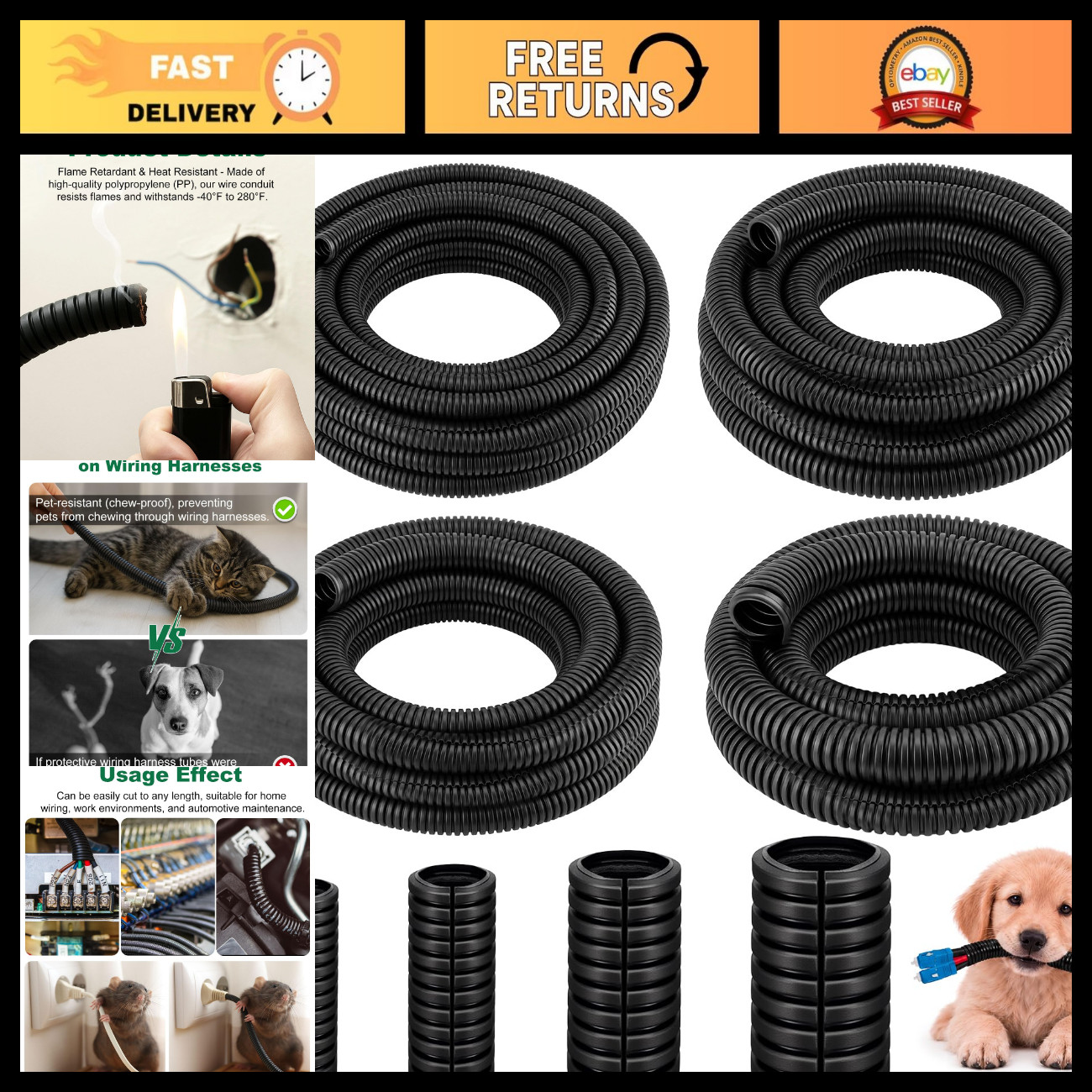 120FT Split Wire Loom - 4pc Flame Retardant Cable Sleeve for Wire Management